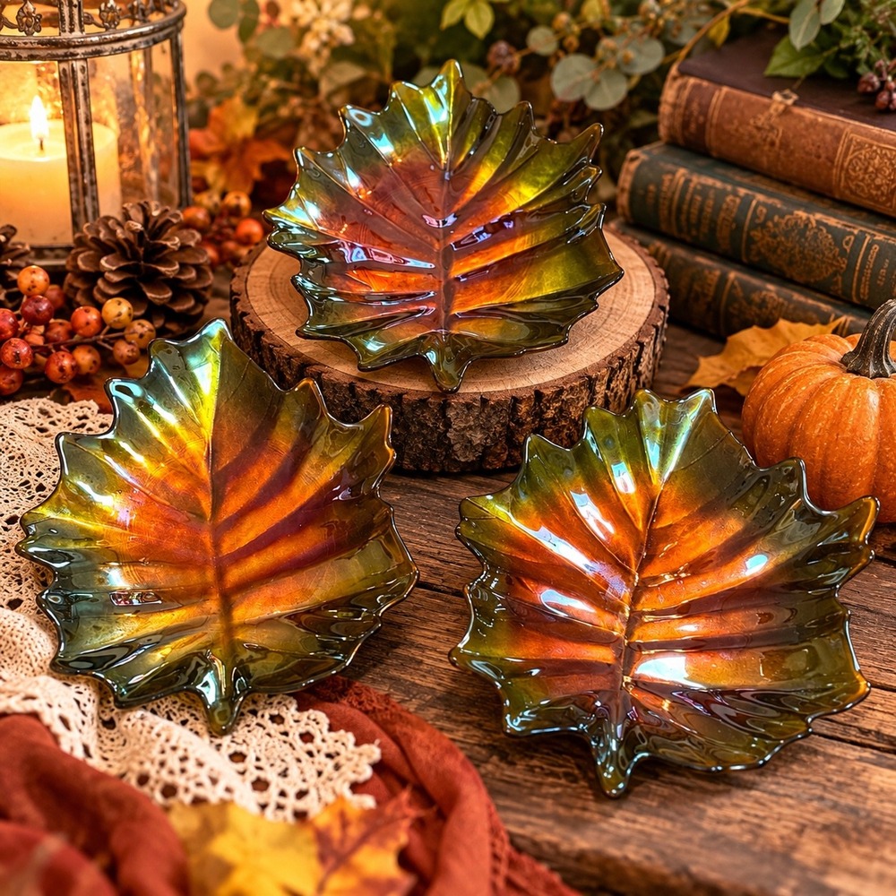 Iridescent Amber Glass Maple Leaf Decorative Bowls Set of 3 Fall Decor 6 Inch